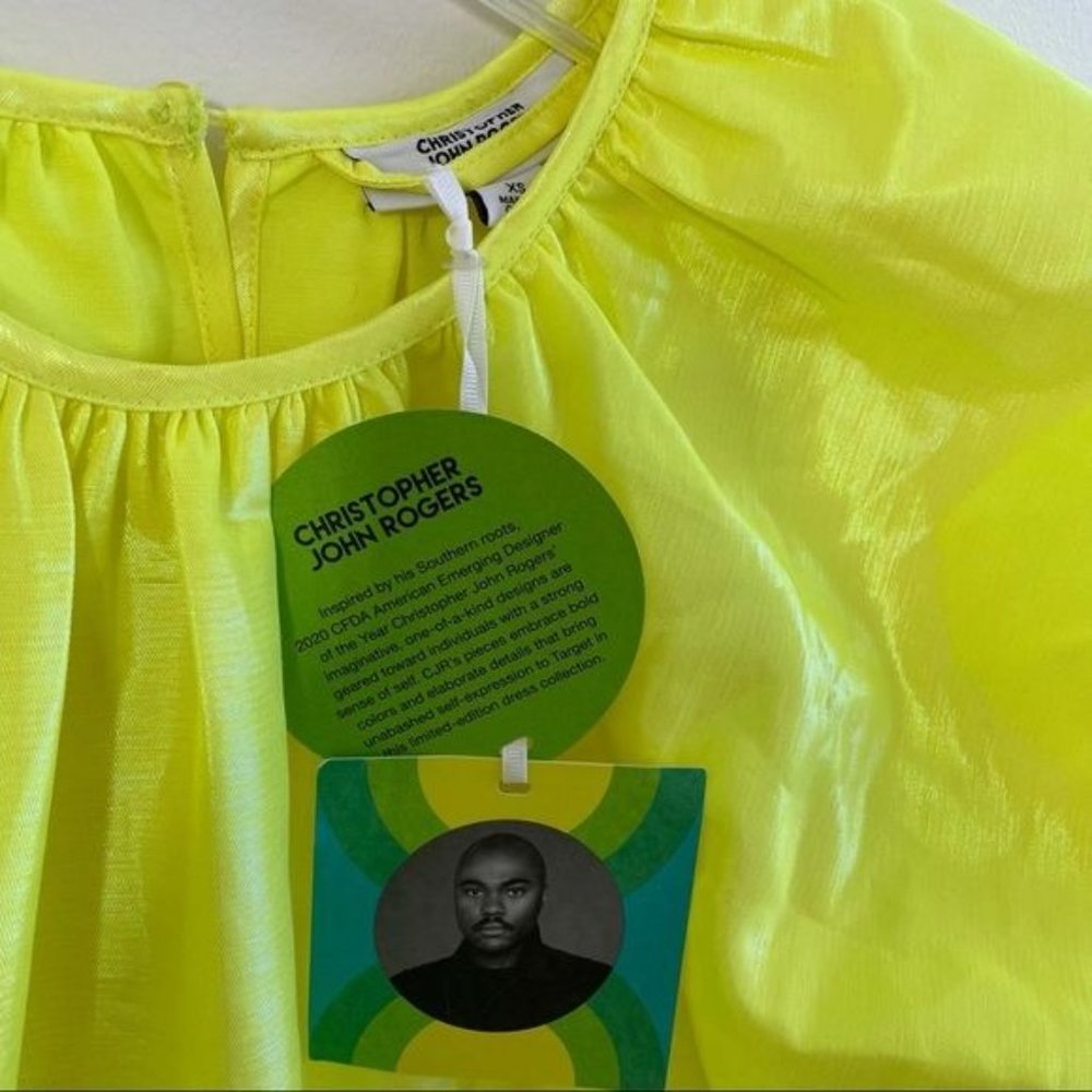 Christopher Rogers Woman Yellow Midi Dress XS Volume Iridescent Puff Sleeve New - Picture 11 of 15